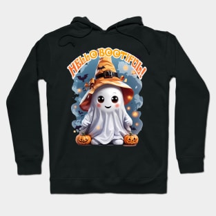 Halloween Hello Bootiful! Cute Friendly Ghost Wearing Witch Hat, Pumpkin, Bats Hoodie